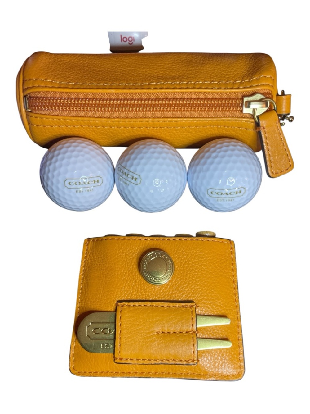 Coach Women’s Golf Ball Case Pebble Leather Orange Spice with Balls & Tees